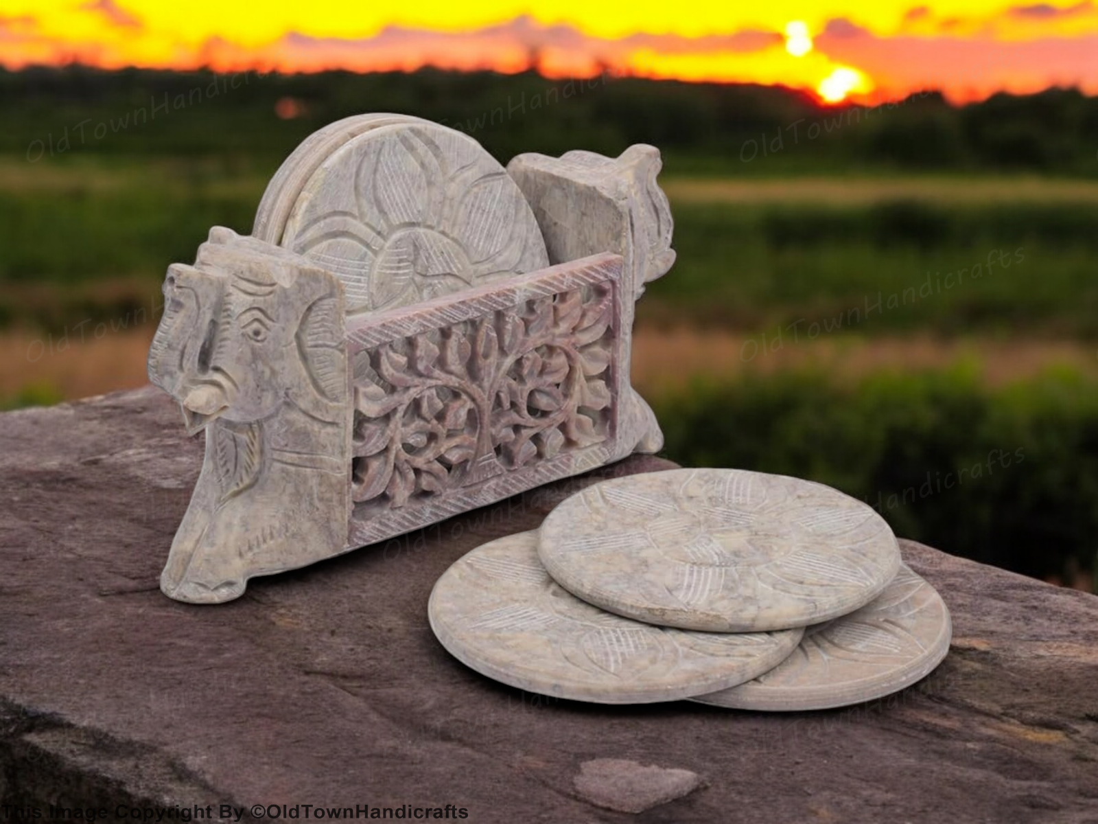 Set of 6 Hand Carved Elephant Soapstone Coasters with Holder Dining Party Gift
