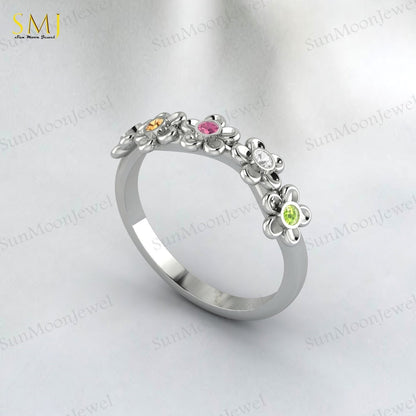 Natural Peridot Tourmaline Citrine Emerald Mutistone Flower Band in 925 Silver