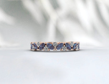 Natural Marquise Alexandrite Wedding Band Half Eternity 925 Silver Birthstone