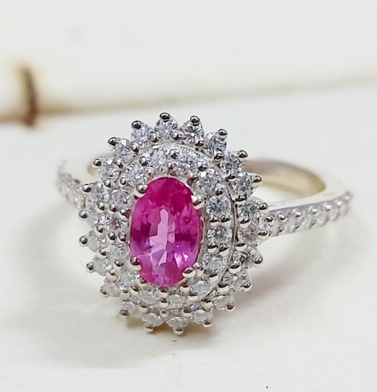 Pink Sapphire Diamond Engagement Ring Silver Round Oval Cut US5 ~15 Women Ring