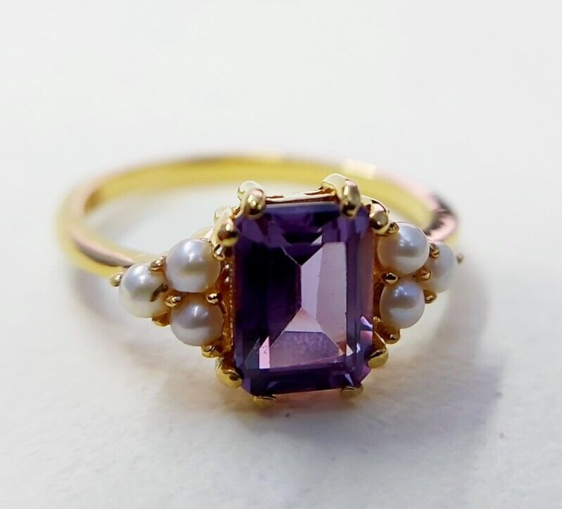 Emerald Cut Amethyst Pearl Ring Handmade Engagement Anniversary Ring Gift Us5~15