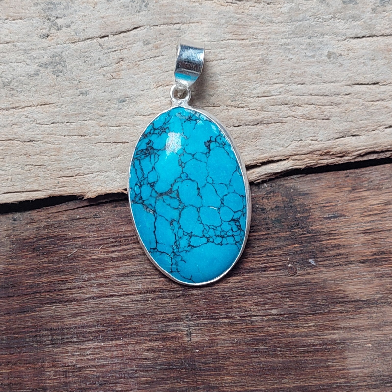 Oval Natural Blue Turquoise Pendant 925 Sterling Silver Handmade Pendant Gift