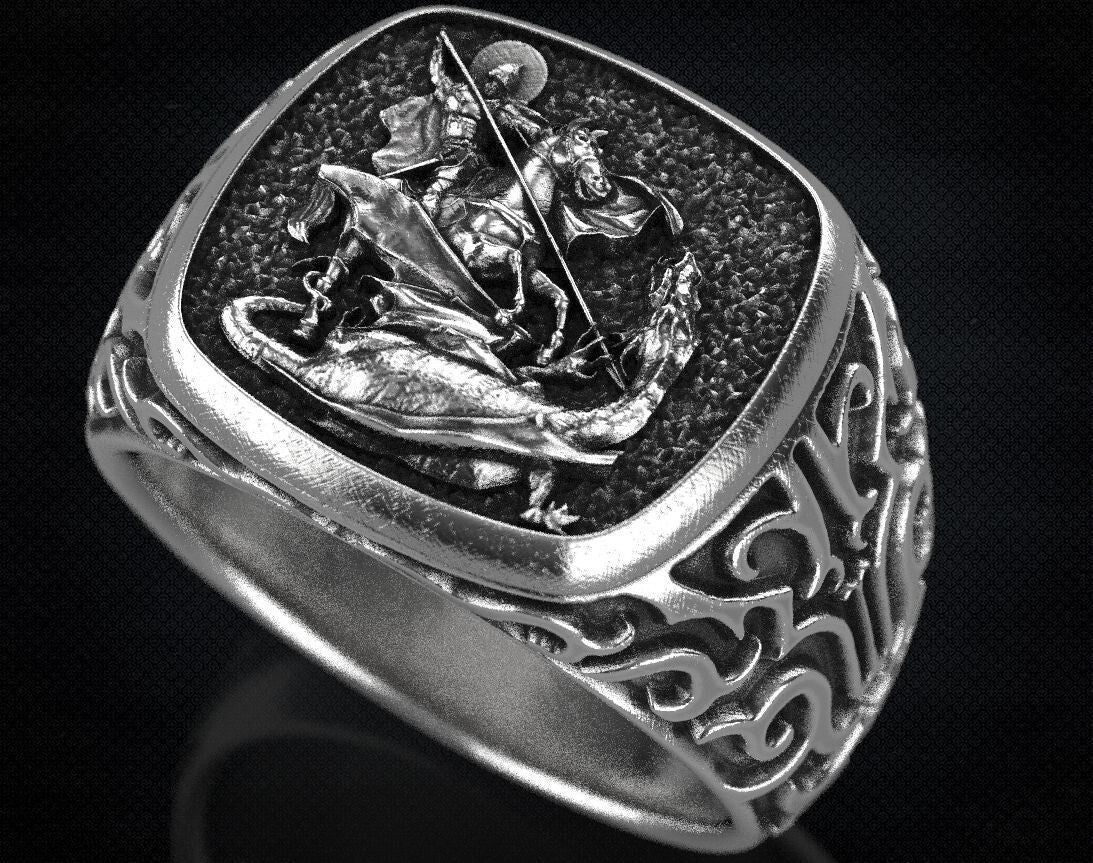 St Saint Michael Archangel Ring Sterling Silver Signet US5-15 Protection Unisex