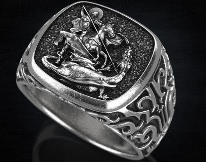 St Saint Michael Archangel Ring Sterling Silver Signet US5-15 Protection Unisex