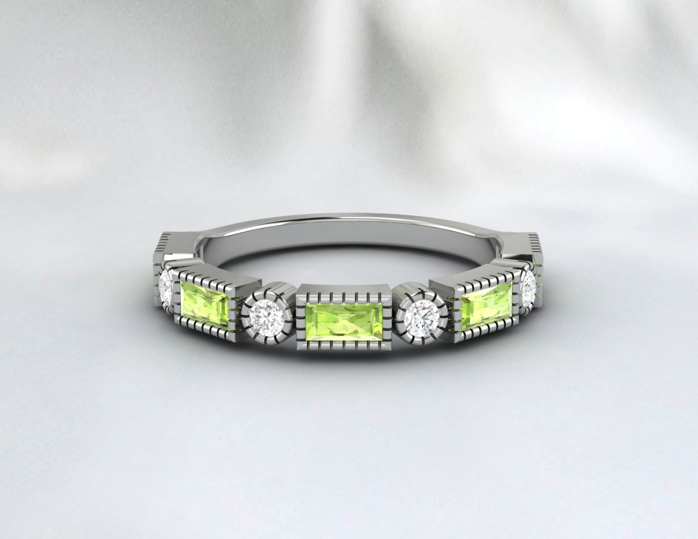 Natural Baguette Cut Peridot & Cubic Zirconia Half Eternity Fine Silver Band