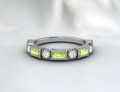 Natural Baguette Cut Peridot & Cubic Zirconia Half Eternity Fine Silver Band