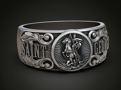 925 Silver St George Warrior Dragon Signet Ring Religious Men Women Ring US5-15