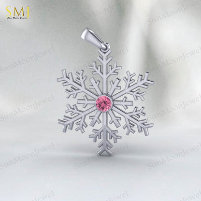 Pink Tourmaline Snowflake Necklace 925 Sterling Silver For Women Frozen Winter