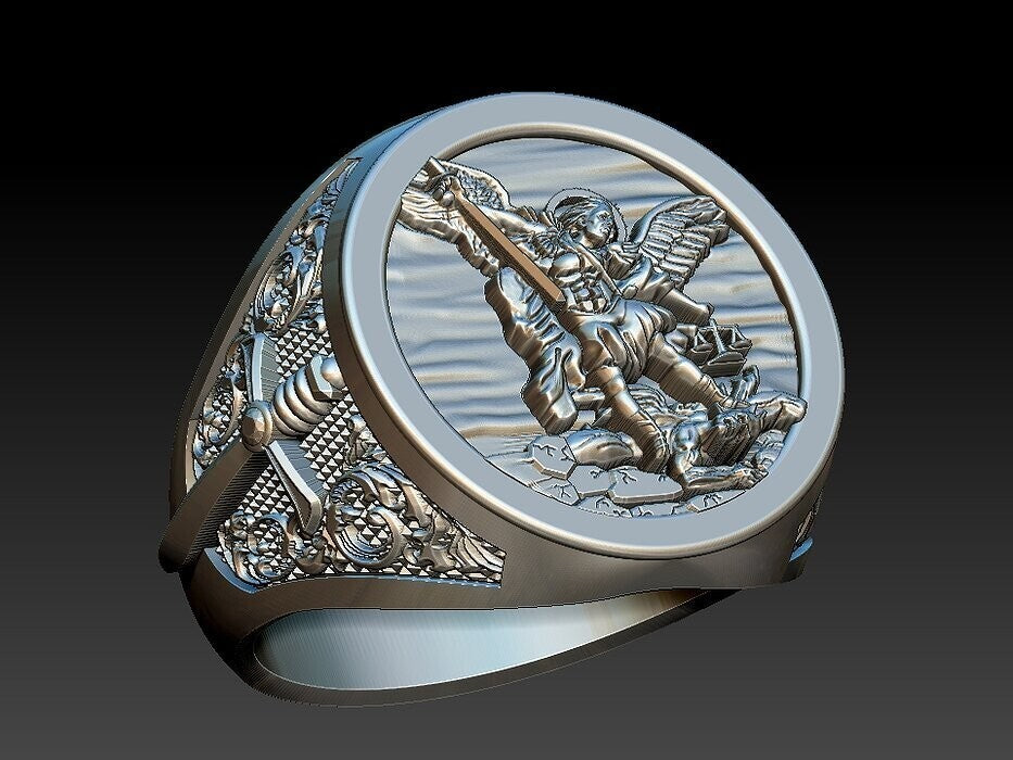 St Michael Sword Ring 925 Sterling Silver Archangel Signet Style Men Ring US5–15