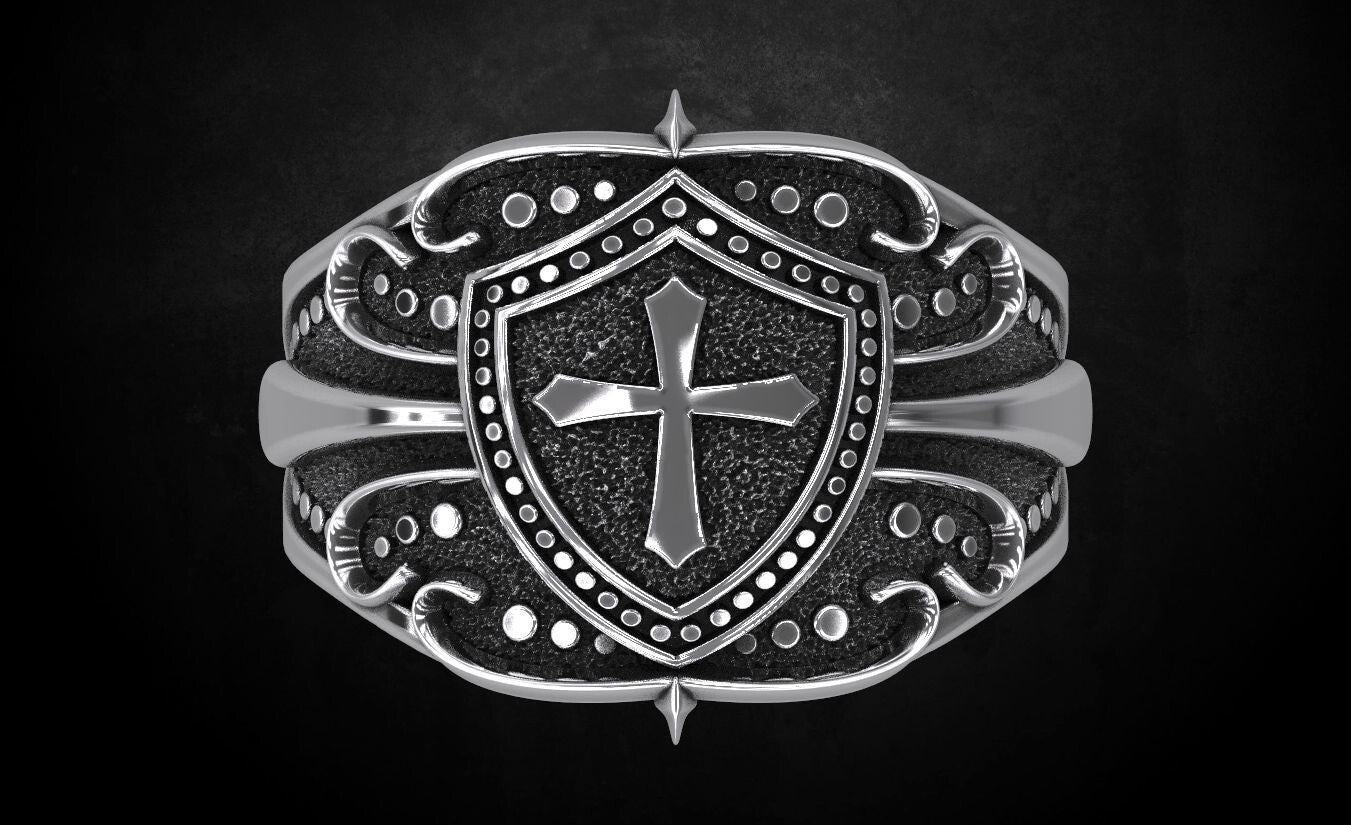 Crusader Shield Ring Silver Cross Religious Jewelry for Him US 7-15 Unisex Gift