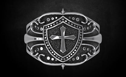 Crusader Shield Ring Silver Cross Religious Jewelry for Him US 7-15 Unisex Gift