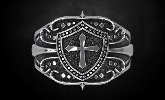 Crusader Shield Ring Silver Cross Religious Jewelry for Him US 7-15 Unisex Gift