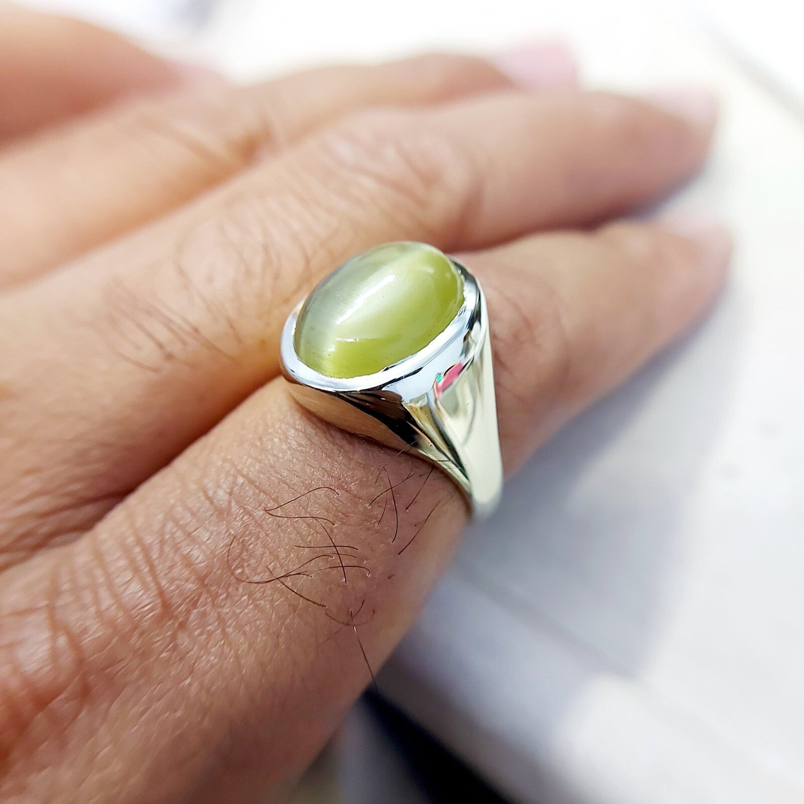 Yellow Cats Eye Chrysoberyl Ring Wide Band Handmade 925 Silver Men Ring US5~15