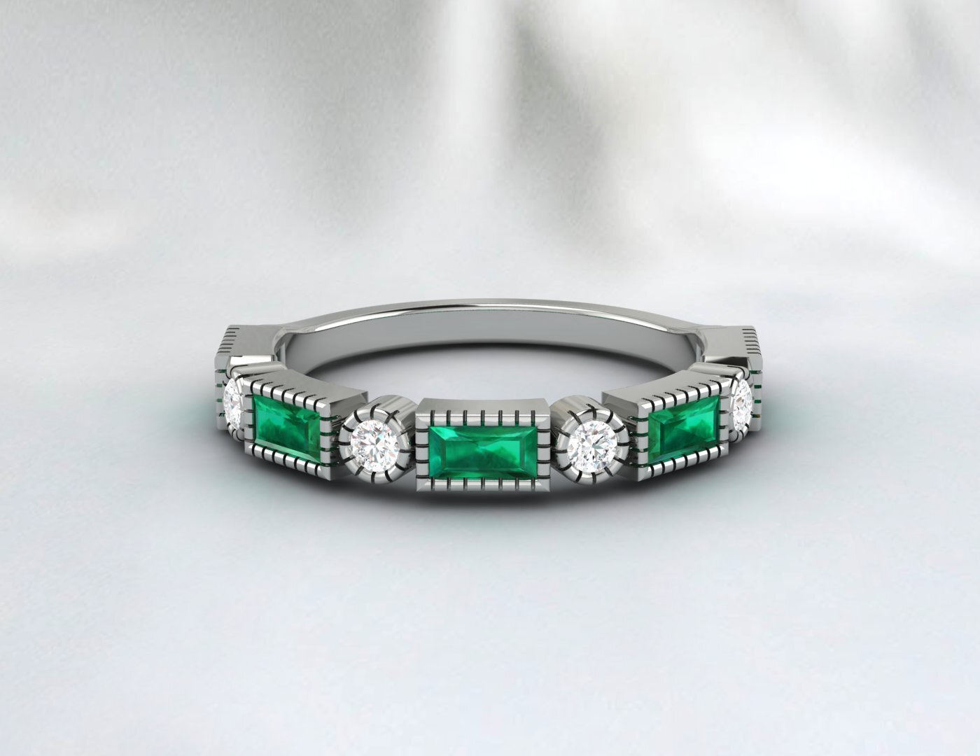 Baguette Cut Emerald & Cubic Zirconia Half Eternity Fine Silver Band Lab Created