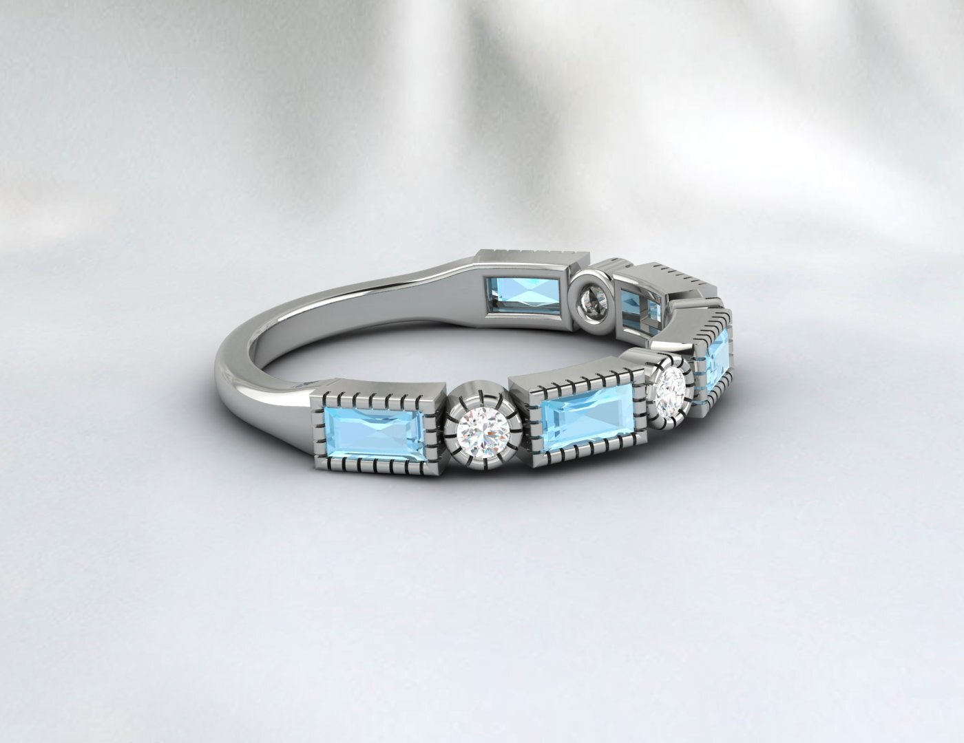 Natural Baguette Blue Aquamarine & Cubic Zirconia Half Eternity Fine Silver Band