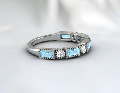 Natural Baguette Blue Aquamarine & Cubic Zirconia Half Eternity Fine Silver Band