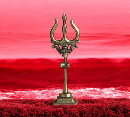 Brass Trishul with Damru Handcrafted Trishul Figurine Unique Gold Home Decor