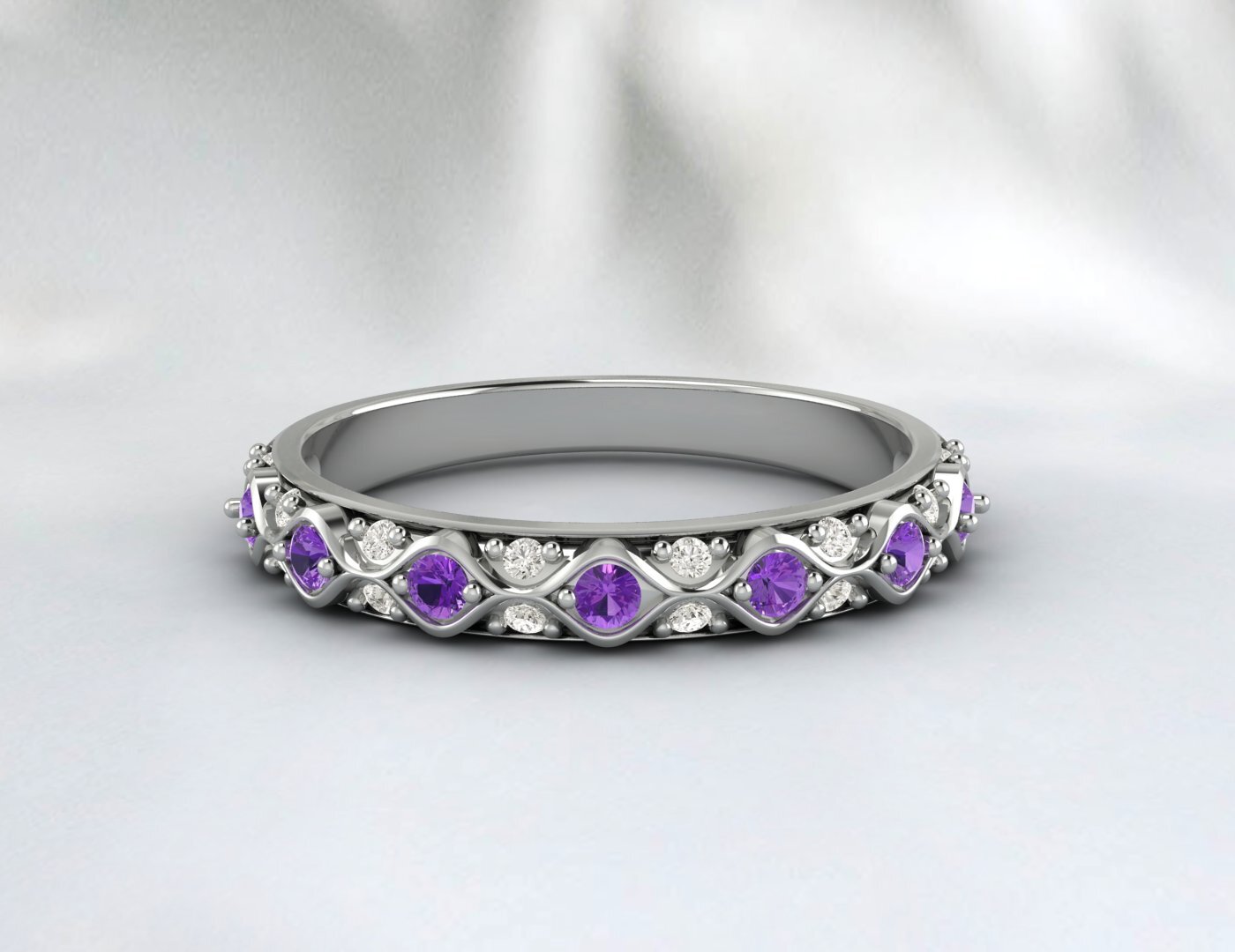 Natural Amethyst Cz Diamond Wedding Band Fine Silver Antique Unique Vintage Band