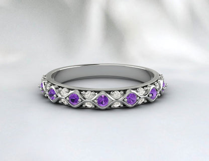 Natural Amethyst Cz Diamond Wedding Band Fine Silver Antique Unique Vintage Band