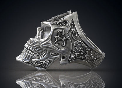 Masonic Skull Ring Oxidized Silver Gothic Freemason Biker Ring For Men US5-15