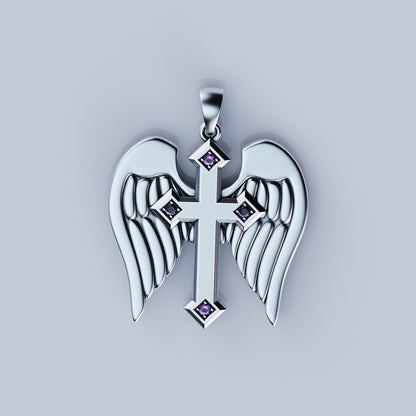 925 Sterling Silver Angel Wings Cross Pendant Archangel Michael Angel Wing Sword