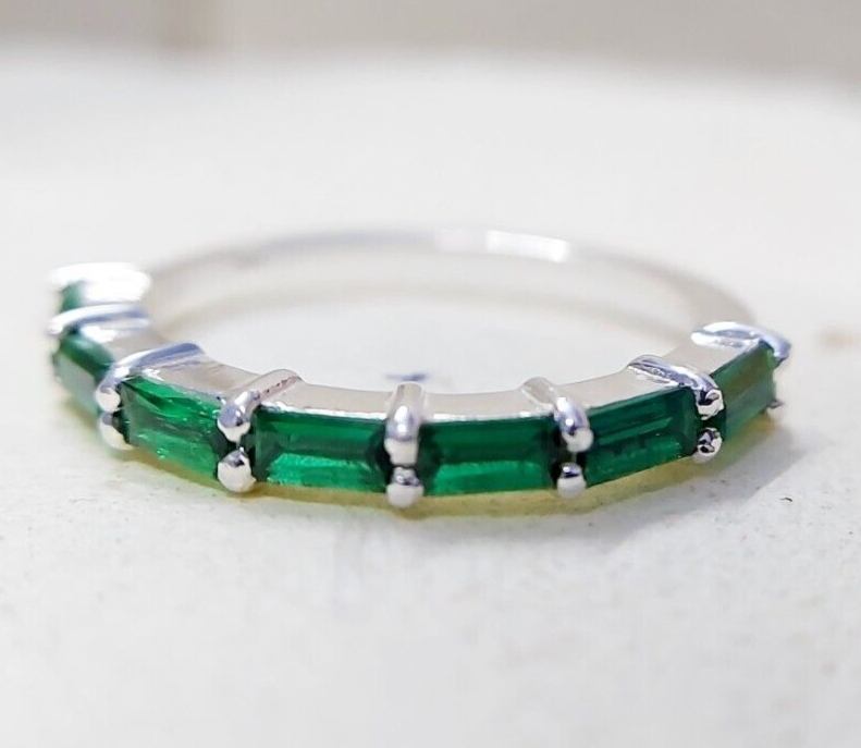 925 Silver Emerald Wedding Band Baguette Cut Green Emerald Eternity Ring Us5~ 15