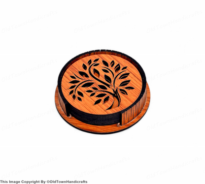 Handcrafted Wooden Tea Coffee Coaster Set of 6 with Stand 3.5" Brown Decor Gift