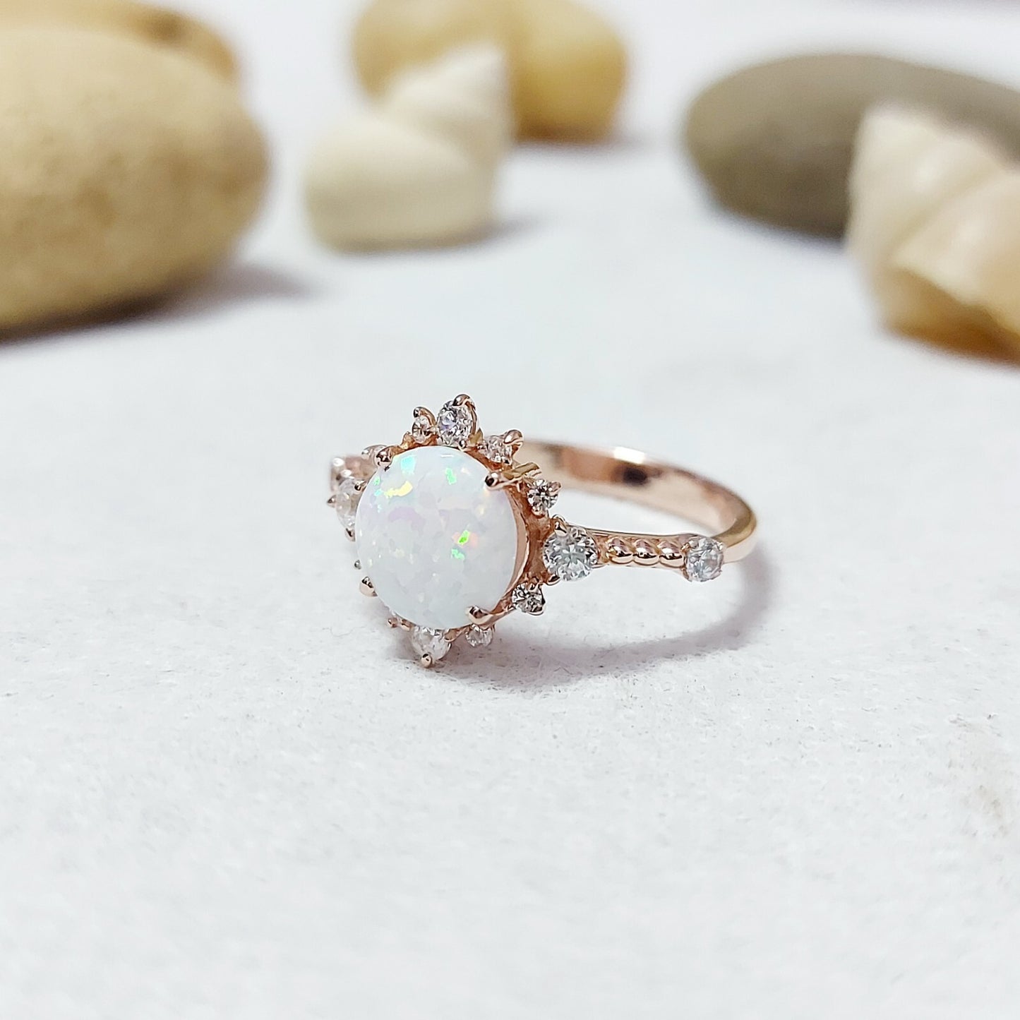 Round Cut Natural Fire Opal Halo Engagement Ring Silver Moissanite Women US5 ~15