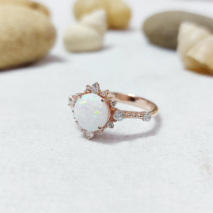 Round Cut Natural Fire Opal Halo Engagement Ring Silver Moissanite Women US5 ~15