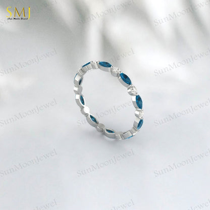 Full eternity Natural London Blue Topaz wedding band Marquise 925 Silver