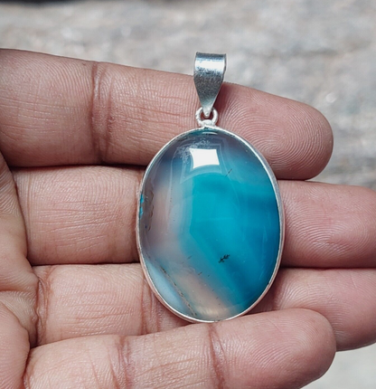 Natural Blue Banded Agate Cabochon Pendant 925 Sterling Silver Jewelry For Women