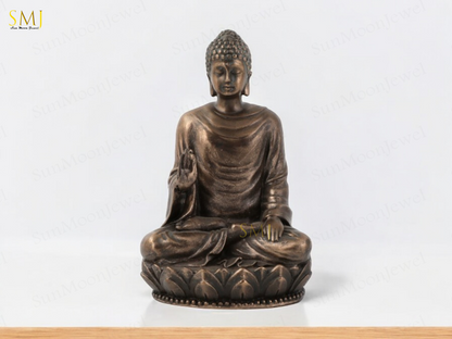 Copper Finish Sitting Buddha Figurine on Lotus Base Decorative Showpiece Gift