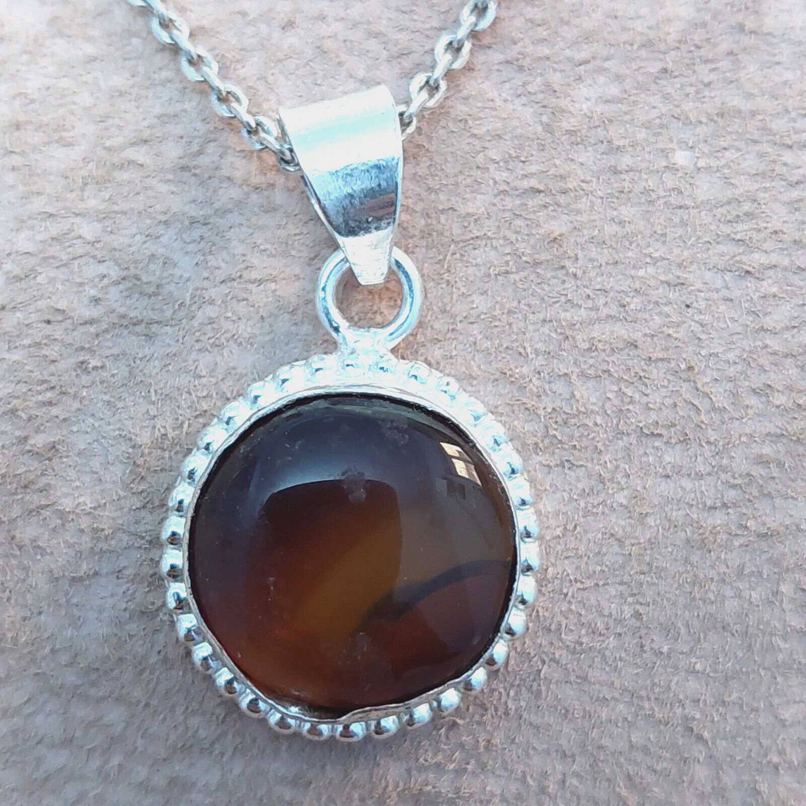 925 Sterling Silver Round Shape Brown Agate Pendant Only Pendant For Women