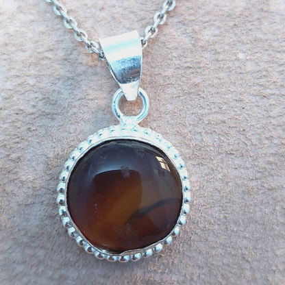925 Sterling Silver Round Shape Brown Agate Pendant Only Pendant For Women