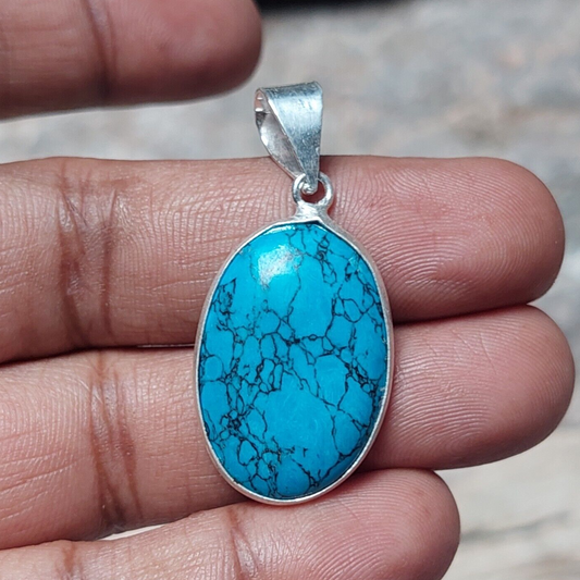 Oval Shaped Blue Turquoise 925 Sterling Silver Gemstone Pendant Best For Gift