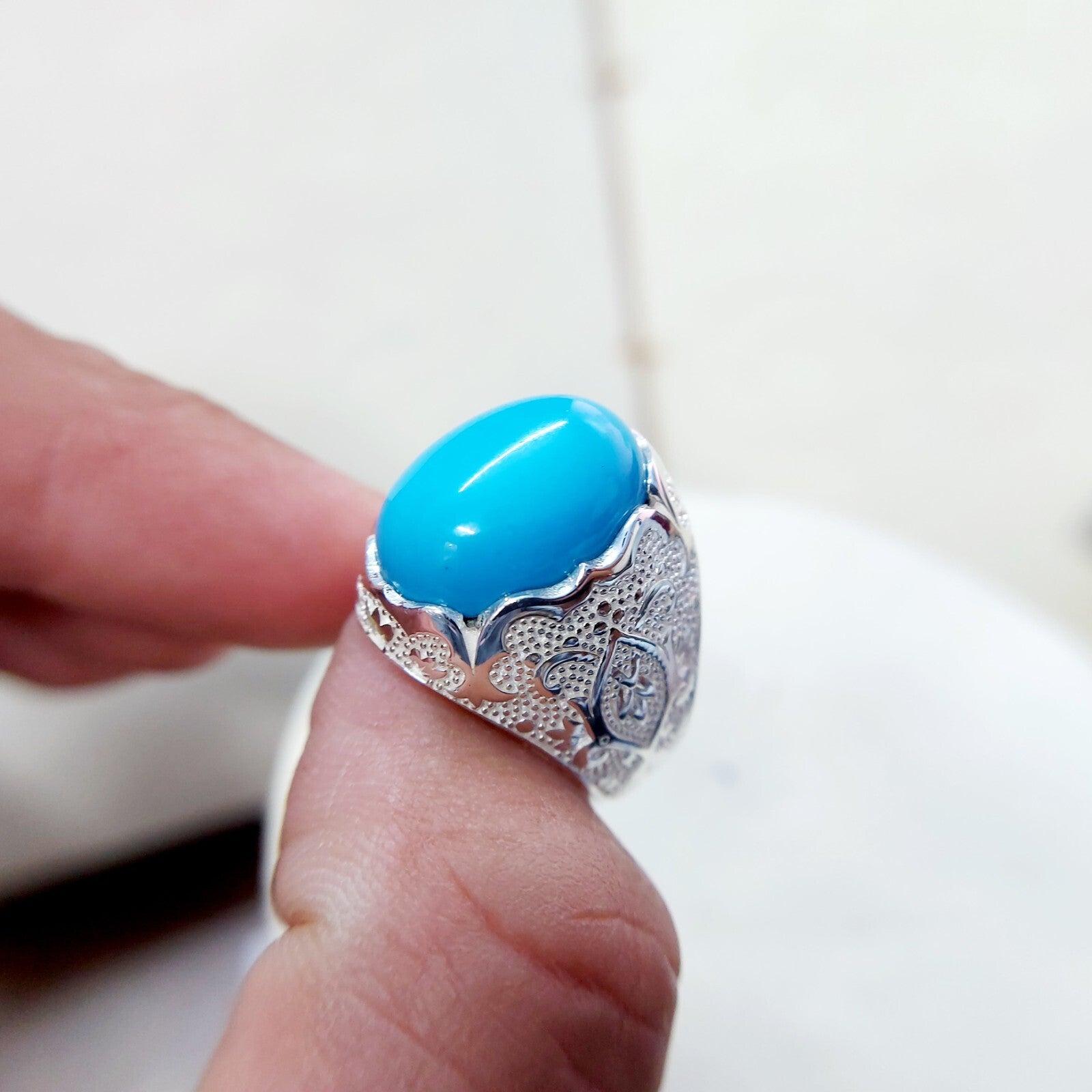 Solid 925 Silver Natural Lite Blue Turquoise Gemstone Birthday Gift Men's US5~15