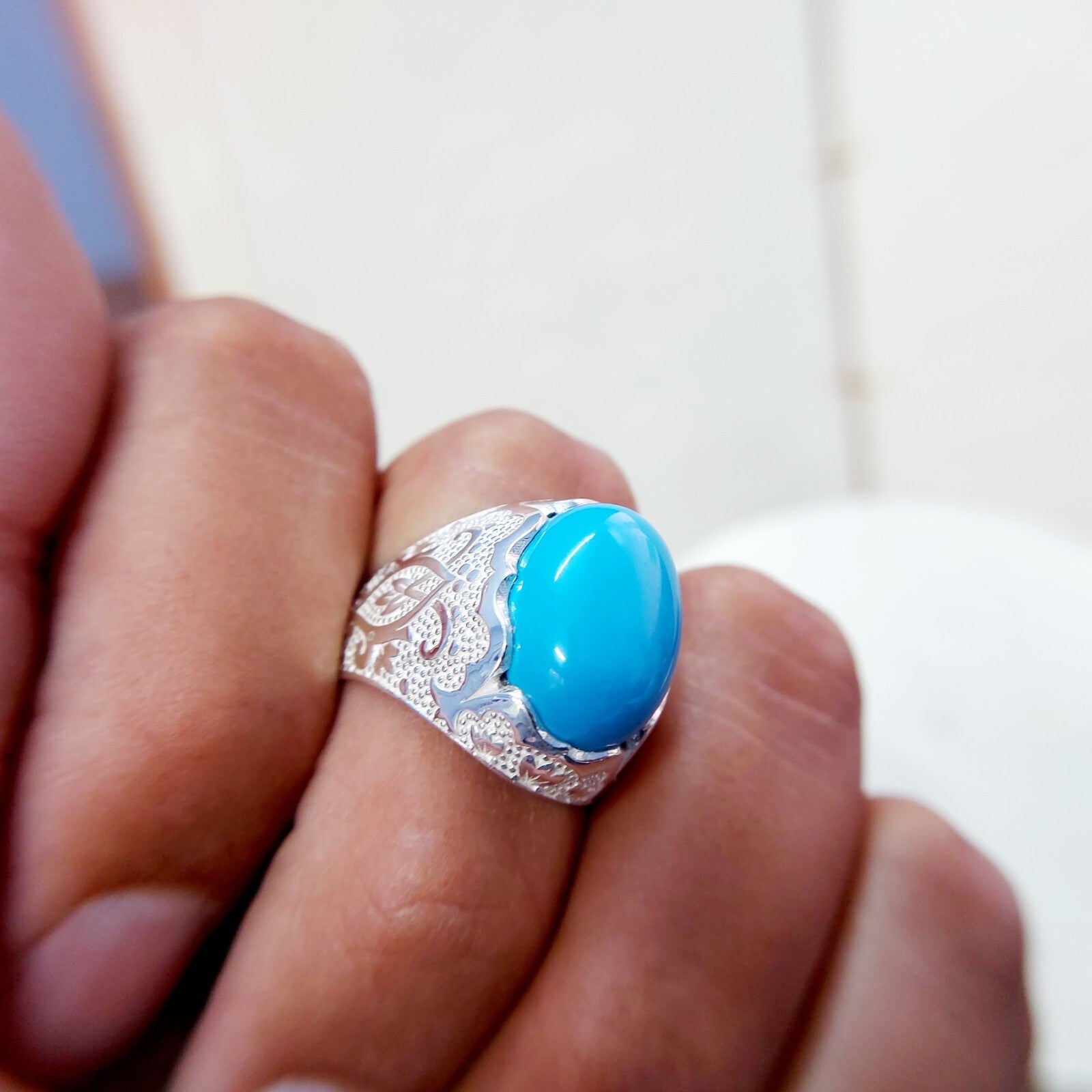 Solid 925 Silver Natural Lite Blue Turquoise Gemstone Birthday Gift Men's US5~15