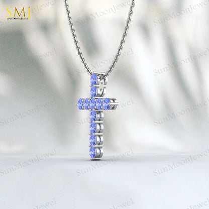 Natural Blue Tanzanite Cross Pendant 925 Sterling Silver Necklace