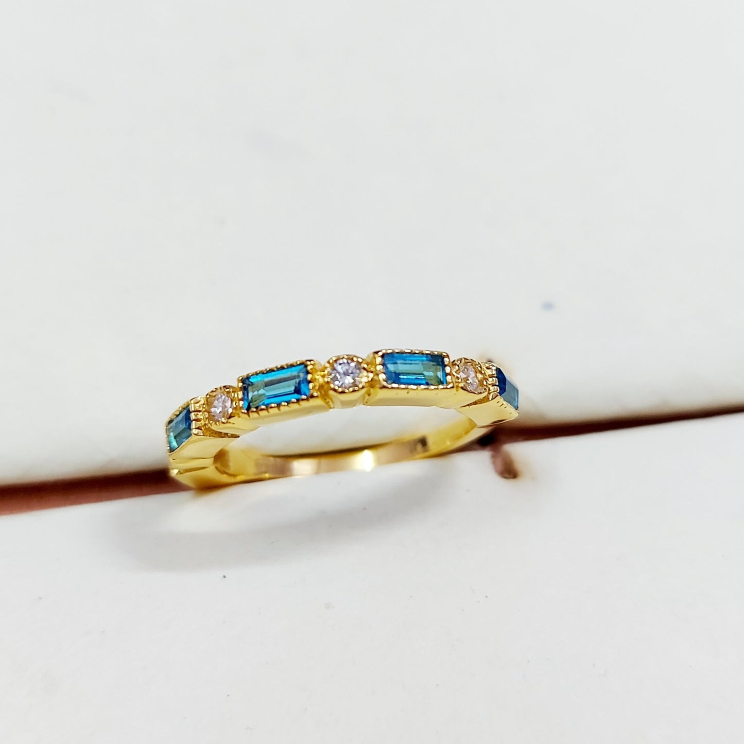 Lab Created Half Eternity Silver Band Aquamarine Baguette Cut Women Ring Us5~ 15