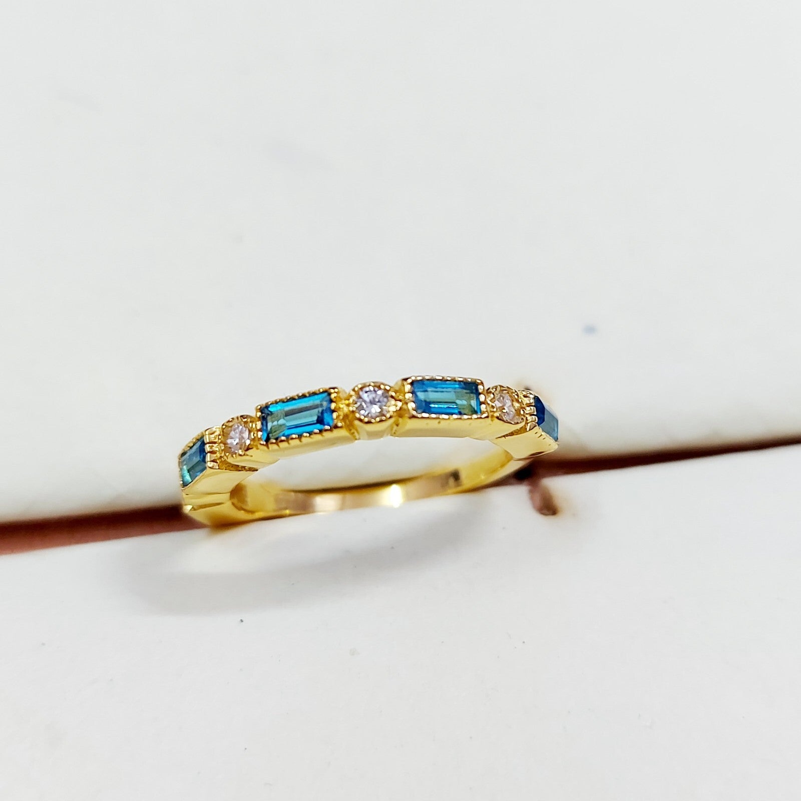 Lab Created Half Eternity Silver Band Aquamarine Baguette Cut Women Ring Us5~ 15
