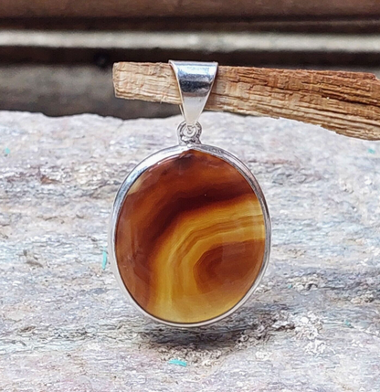 Round Banded Agate Handmade Sterling Silver Pendant Necklace Unique Gift for Her