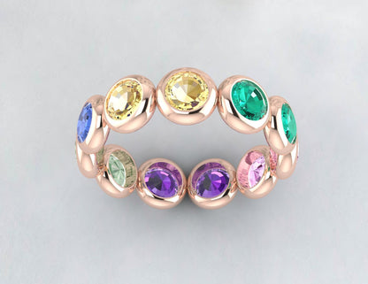 Natural Round Multi Gemstone Wedding Band Fine Silver Bezal Set Eternity Band