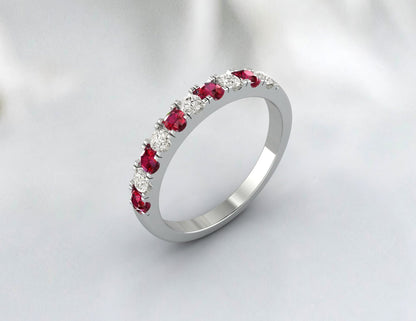 Red Ruby Half Eternity Band With Cz Diamond 925 Sterling Silver Lab Created Band