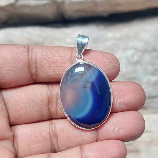 925 Sterling Silver Natural Blue Banded Agate Cabochon Pendant Christmas Gift