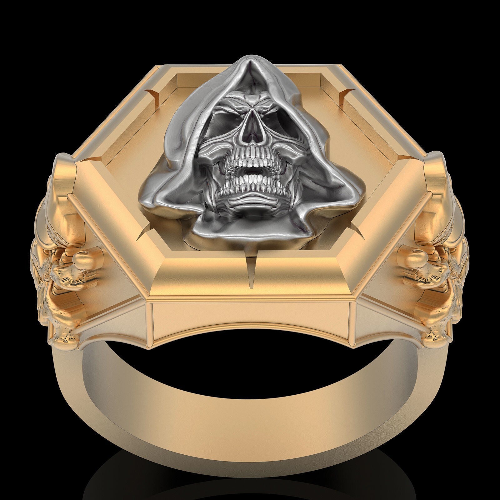 Vintage Brass Gown Skull Ring Punk Gothic Biker Men Women Jewelry Gift For Him