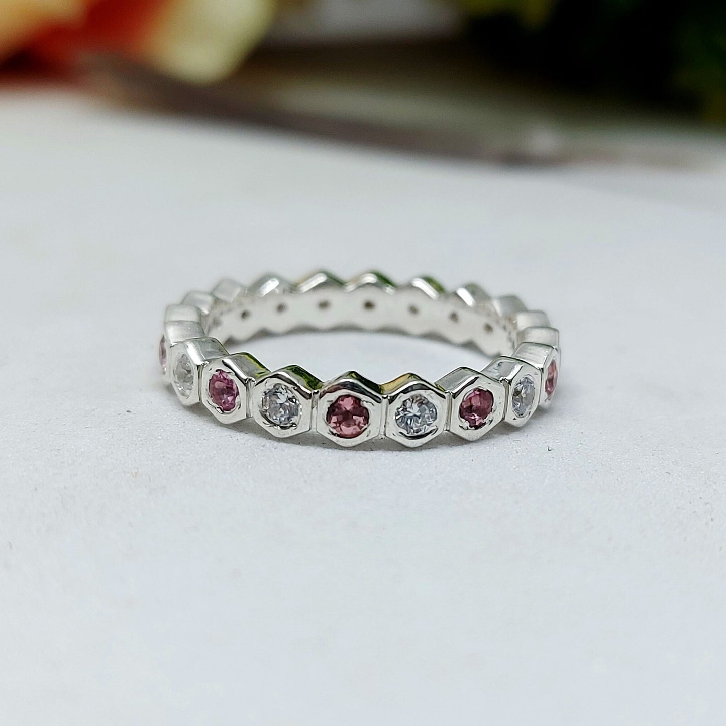 Natural Pink Tourmaline Eternity Band 925 Sterling Silver Wedding Band For Her