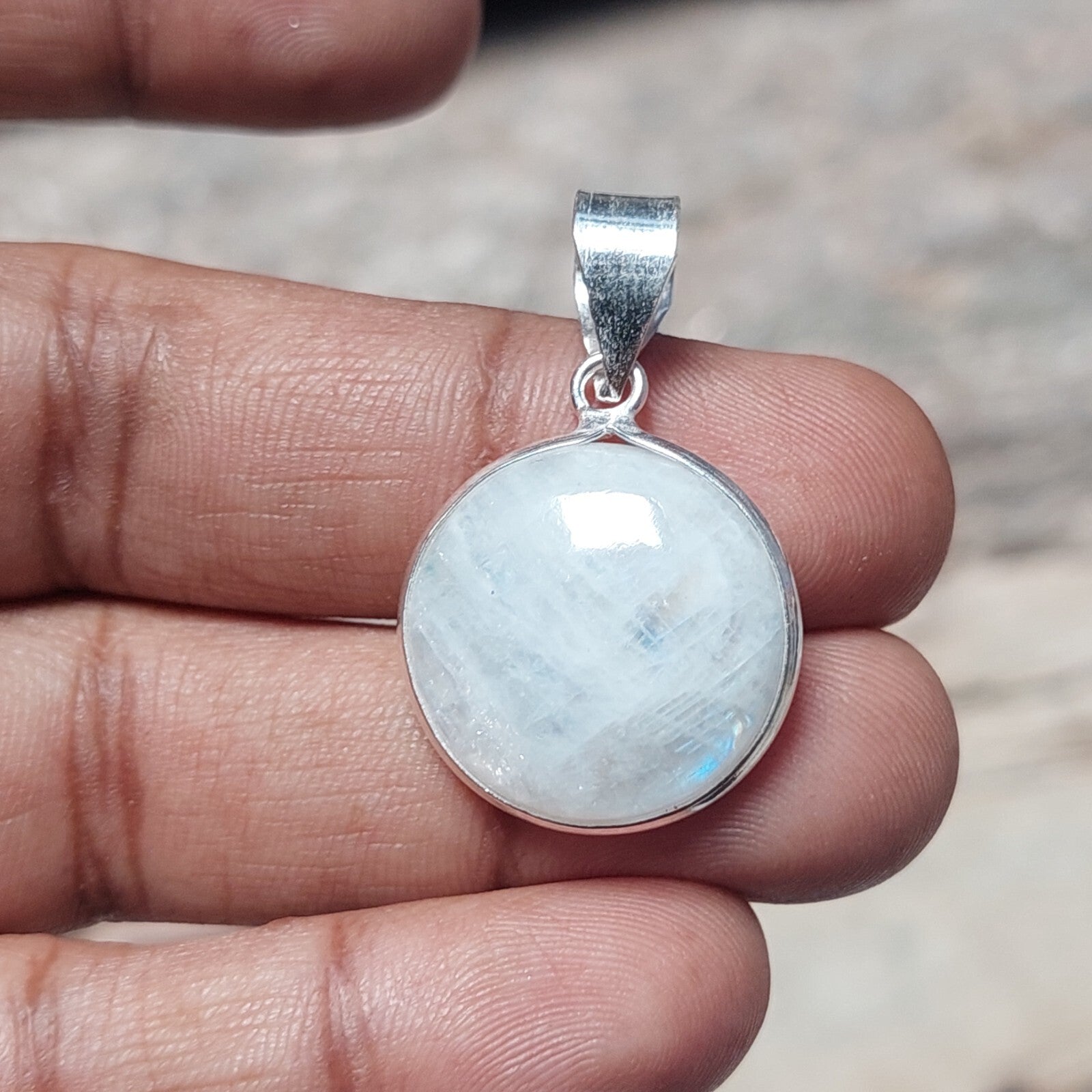 Round Natural Rainbow Moonstone Pendant,925 Sterling Silver Boho Necklace