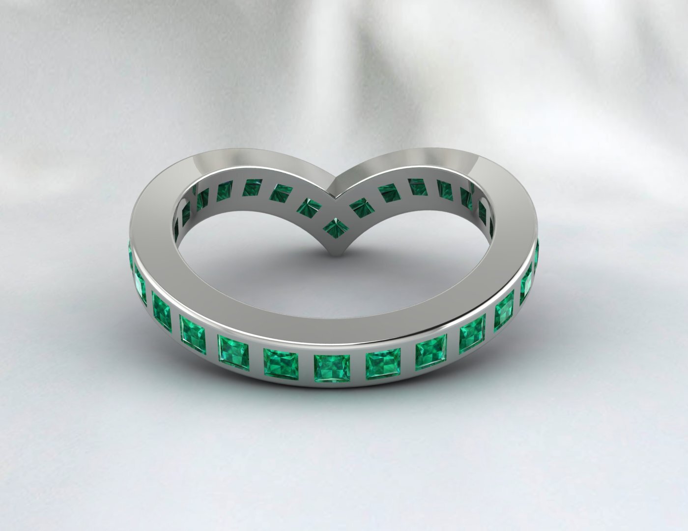 Princess Cut Emerald Green Wedding Band Fine Silver Lab Created Curved Band