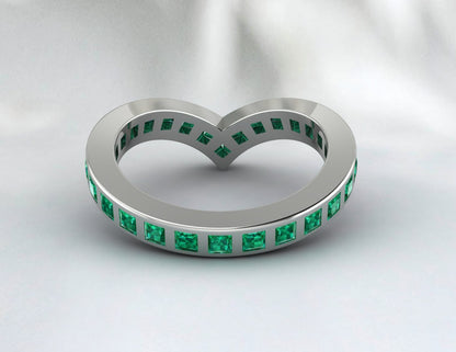 Princess Cut Emerald Green Wedding Band Fine Silver Lab Created Curved Band