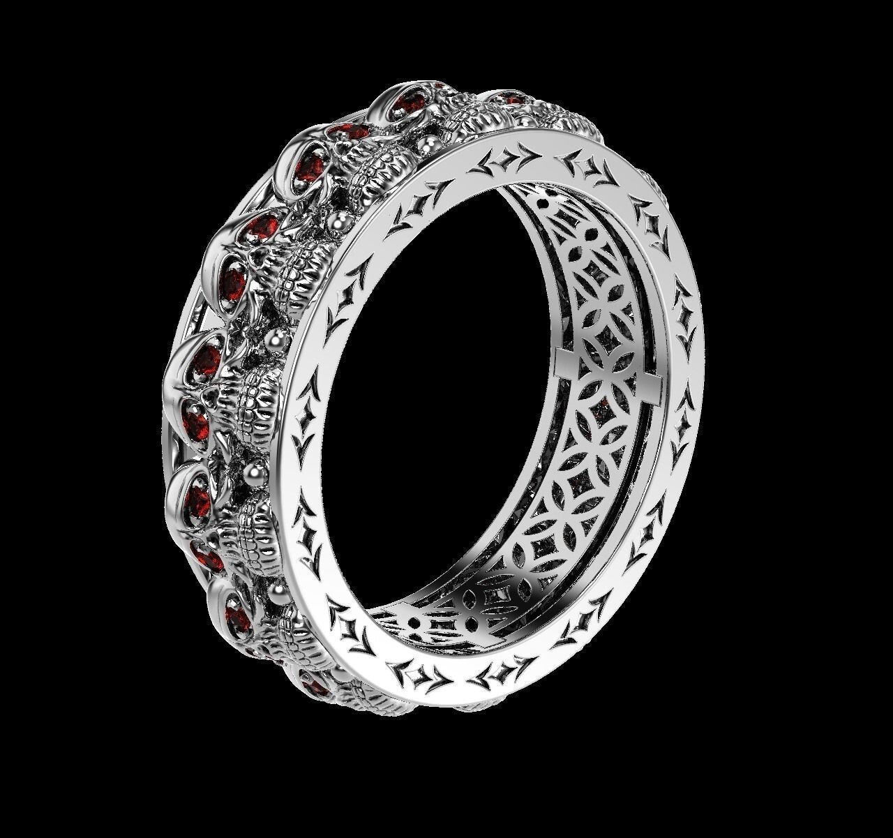925 Sterling Silver Skull Ring US5~15 Gothic Red Eye Biker Punk Wedding Men Band